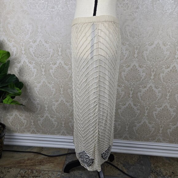 Jewel Queen Sz Med Beaded Sequin Evening Skirt Cream Silver Seashell Pearls Silk - Picture 8 of 13